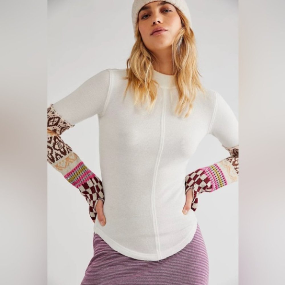 Free People White Long Sleeve Top with Multicolor Patterned Sleeves